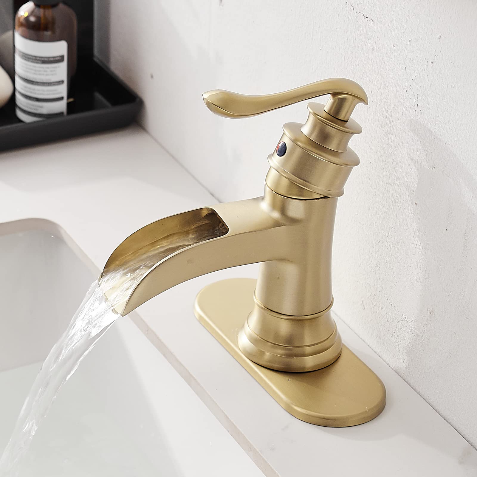 BATHLAVISH Brushed Gold Bathroom Faucet,Waterfall Bathroom Sink Faucet, Single Hole Single Handle Farmhouse Lavatory Vanity Deck Mount Vintage Antique with Pop Up Drain with Overflow Parts Mixer Tap