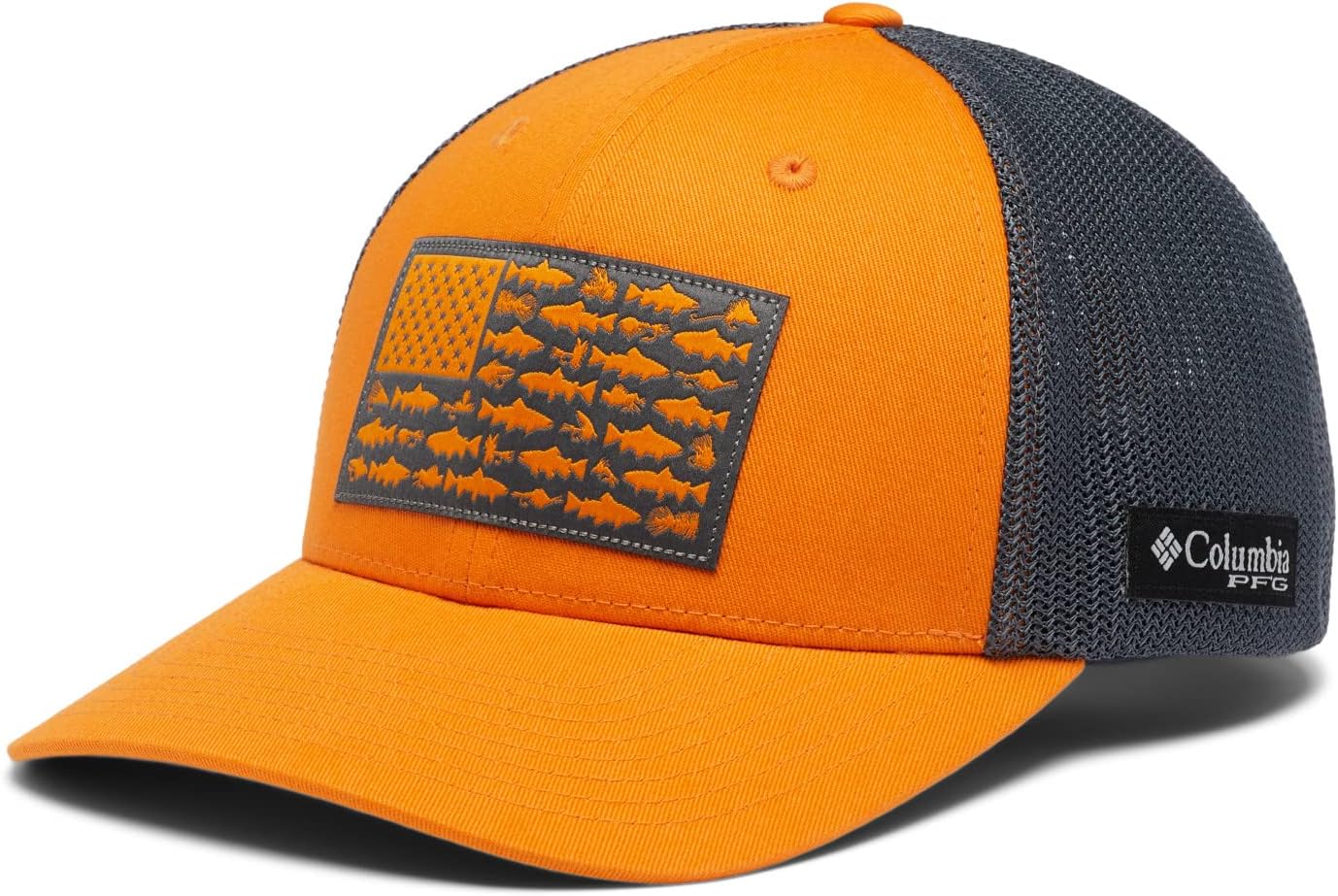 Columbia Unisex PFG Fish Flag Mesh Ball Cap - High, Orange Blast/City Grey/Trout Flag, Small/Medium