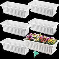 ZEONHAK 6 Pack 17 Inch White Plastic Flower Window Boxes with Trays & 30 Plant Labels - Drainage for Patio, Garden, Balcony