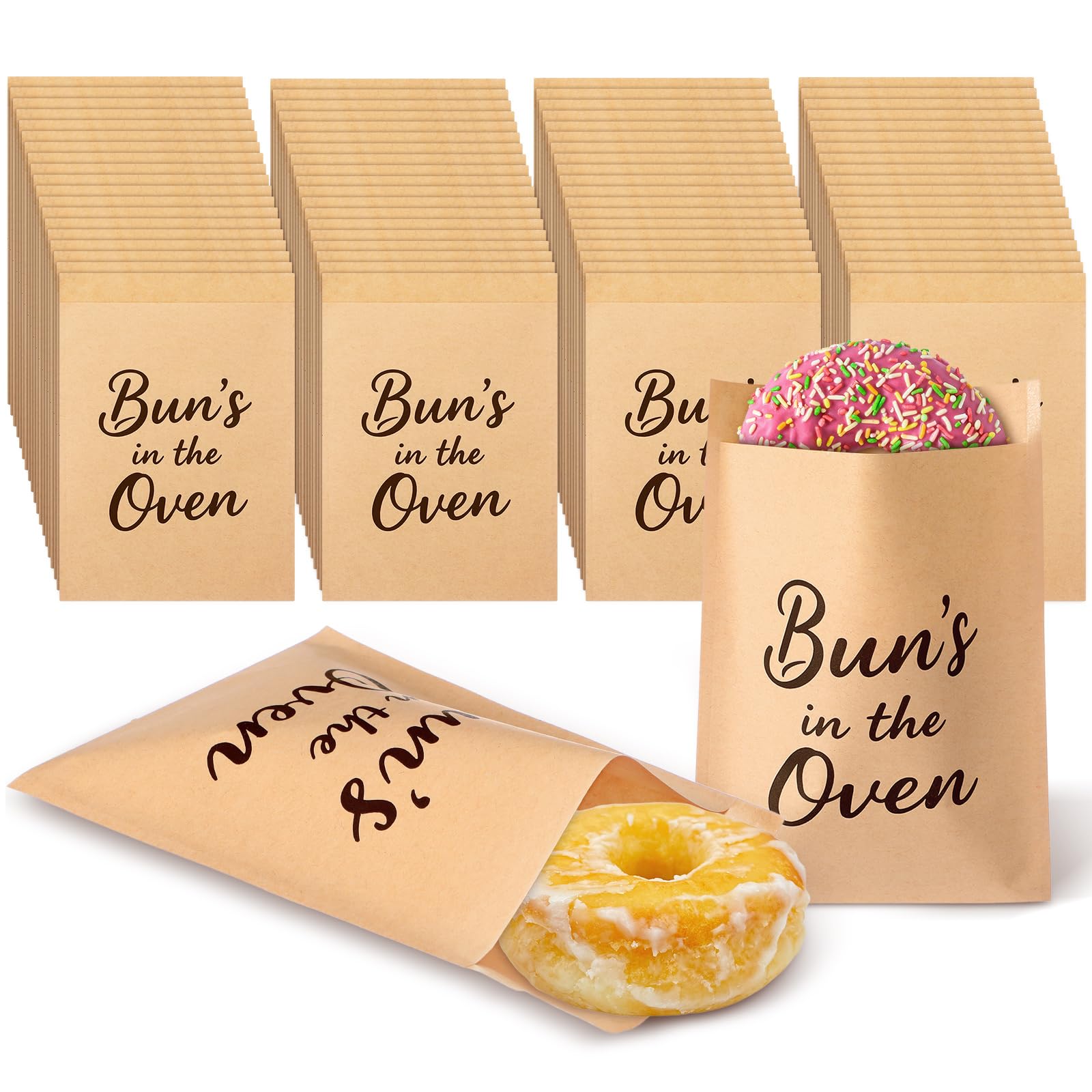 Marspark 100 Pcs Baby Shower Donut Bags Buns in the Oven Favor Paper Bags Kraft Cookie Treat 5 x 7 Inch for Girl or Boy Shower Decorations Party Supplies — image 1