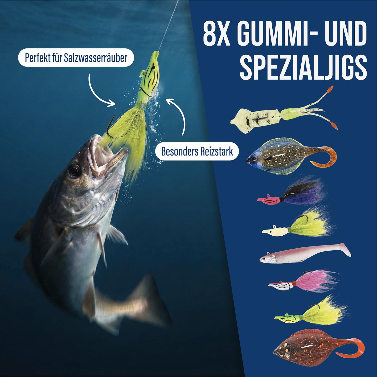 Angelzubehör-Set Norwegen – Komplett-Set für Meeresangeln | wasserdichte Tasche, Filetiermesser, Pilker, u. v. m. | Dorsch & Heilbutt | Angelset