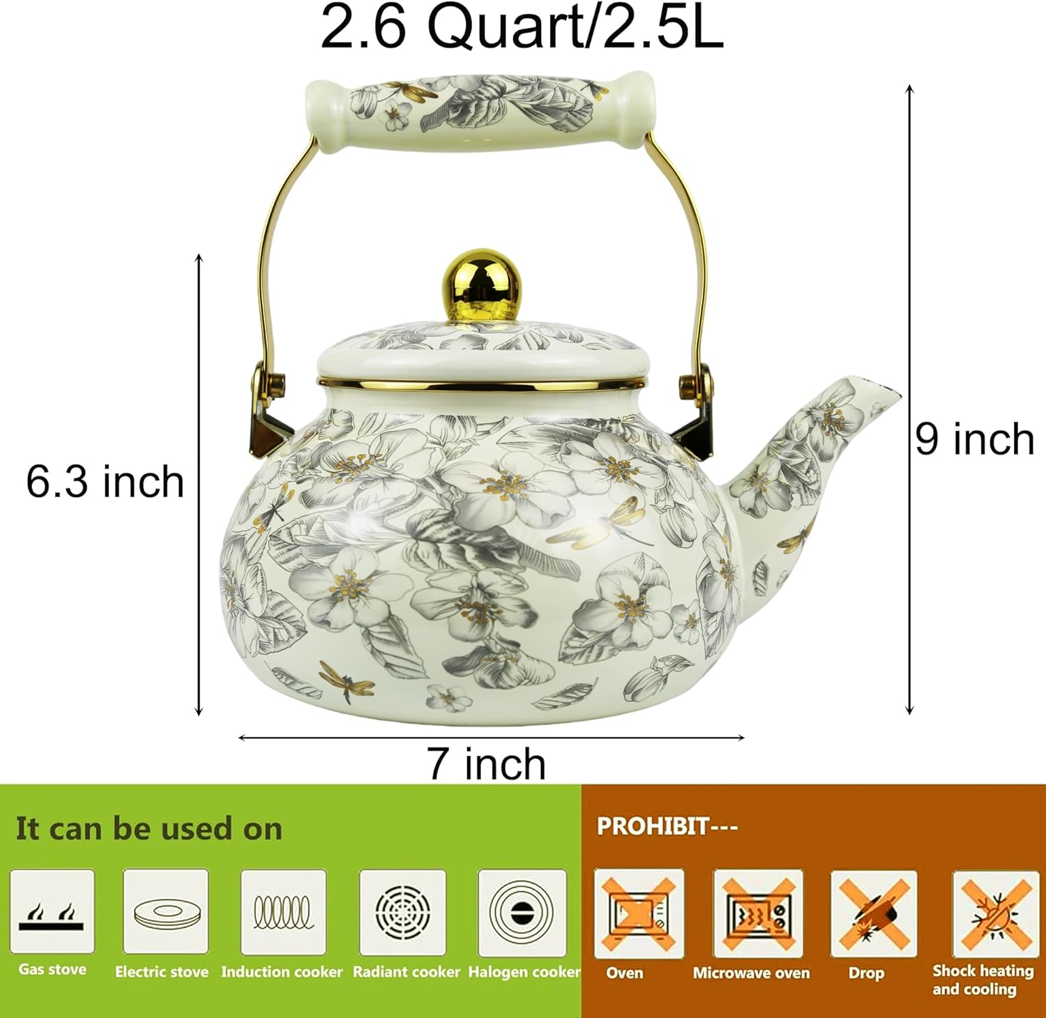 2.5L Vintage Enamel Tea Kettle, Dragonfly Floral Stovetop Teapot with Porcelain Handle, Enamel Kettle for Home/Camping/Tea Party, Ideal Christmas/Housewarming Gift