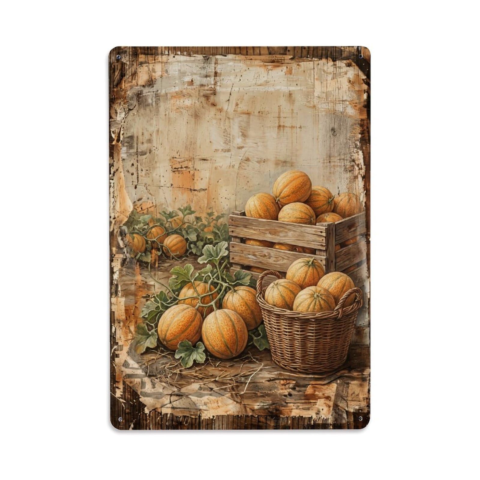 Cantaloupe Field Harvest Orange Melon Countryside Vintage Metal Tin Sign Plaque Wall Decor for Cafe, Club, Garden Metal Poster 8x12Inch