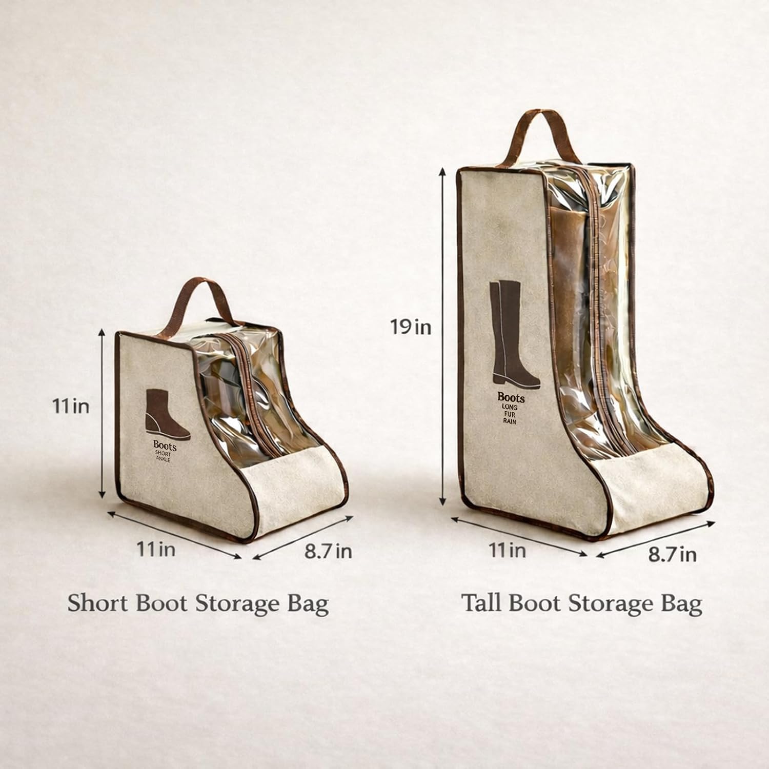 4 Pack Portable Boot Storage Bag,2 Tall & 2 Short Boot Storage Bag with Clear Window, Zipper and Handle, Travel Friendly Shoe Storage for Boots, Closet Organization,Beige