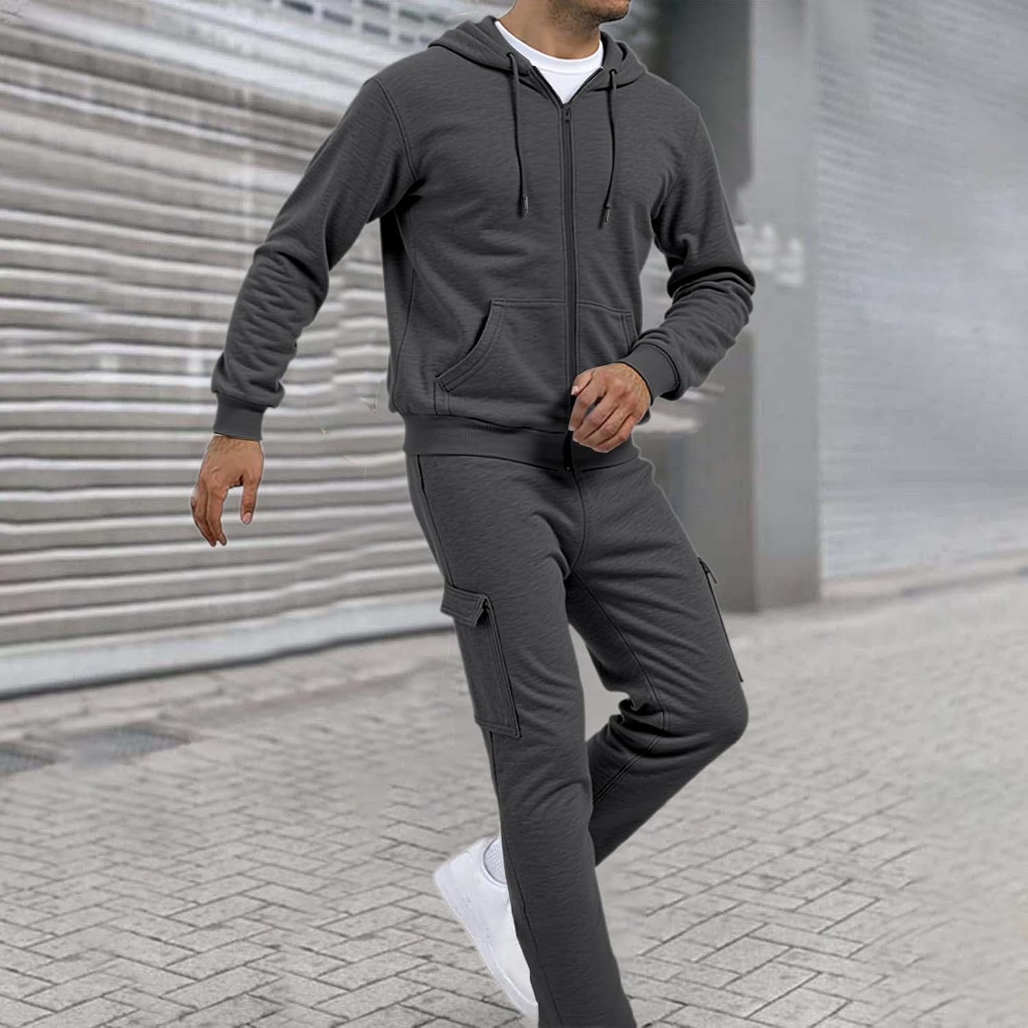 Mens Sweatsuits 2 Piece Set Long Sleeve Hoodie Matching Baggy Cargo Sweatpants Workout Casual Athletic Tracksuits