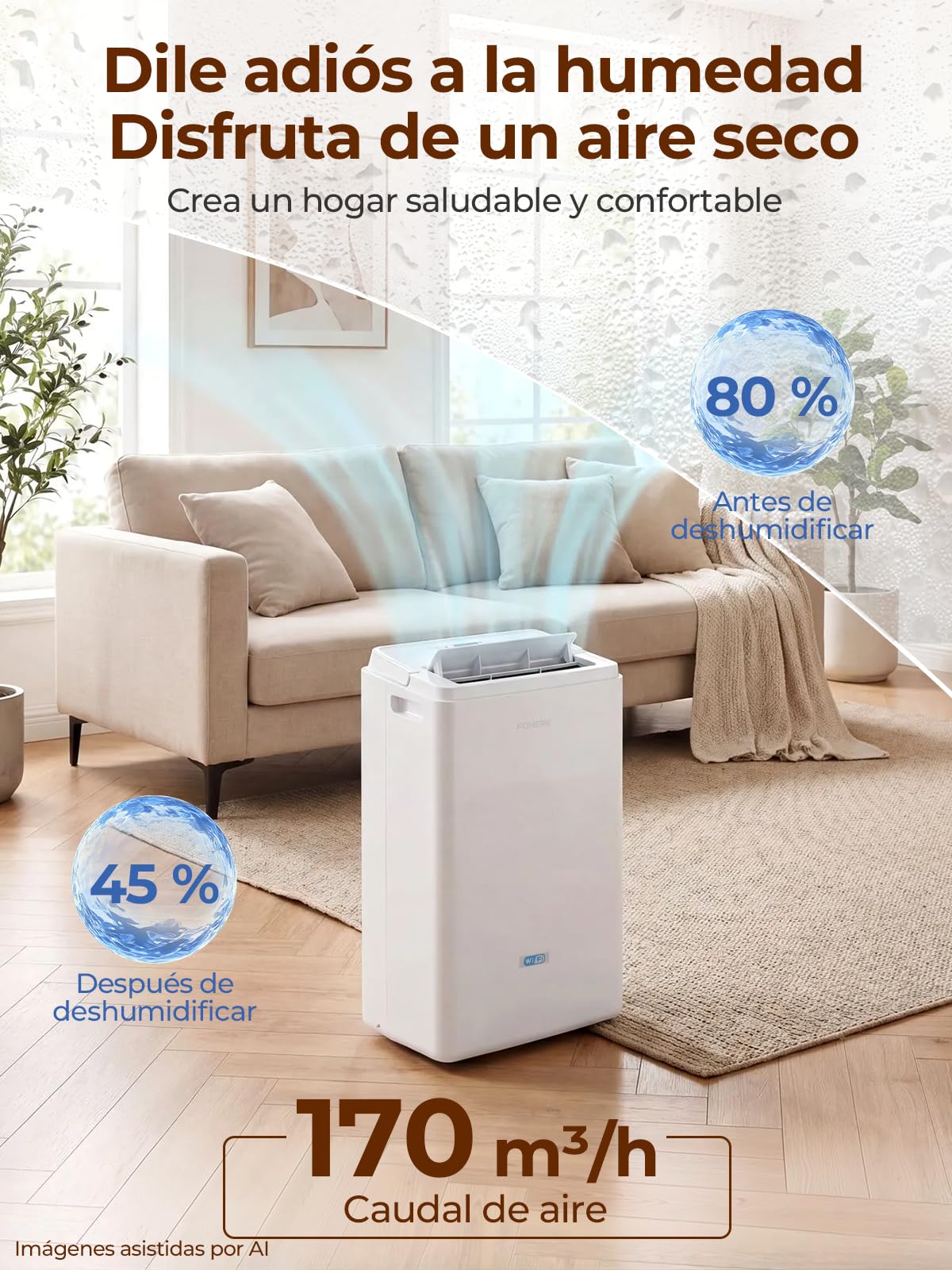 FOHERE Deshumidificador de aire Inteligente WiFi 20L/24H, Deshumidificador para Habitaciones hasta 50m², Gran Depósito 4,2L y Manguera, Oscilación, Secado de Ropa, Temporizador 24H Antimoho