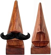 SYSI HOME Handmade Wooden Nose Shaped Spectacle Specs Eyeglass Holder Stand with Black Moustache - Set of 2