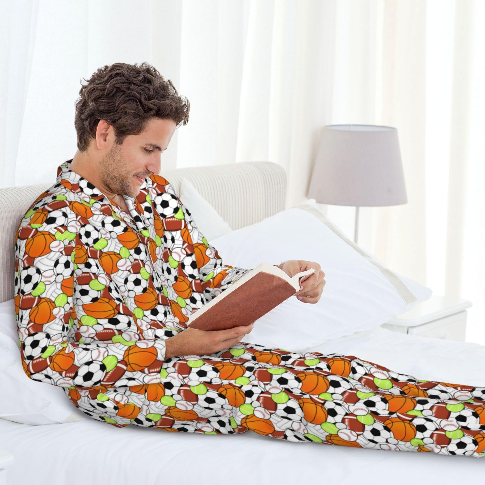 Conjunto de pijama de manga larga para hombre con estampado de pelota deportiva, ropa de dormir de dos piezas