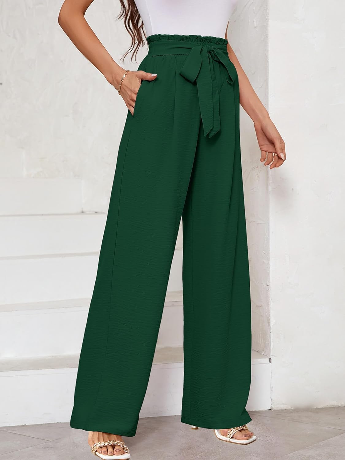 KORSIS Women's Pants Wide Leg Lounge High Waisted Causal Flowy Work Elastic Trousers with Pockets - Image 6