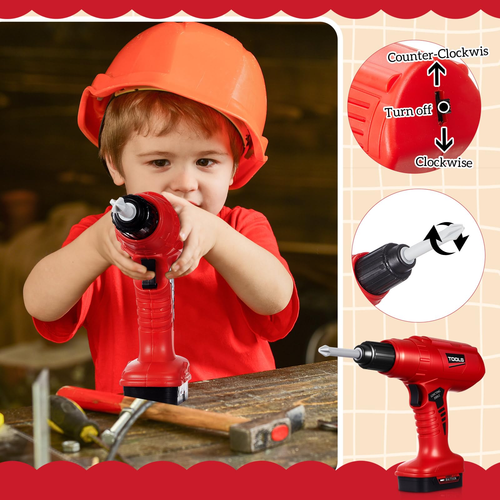 Juego de taladro de juguete con 3 brocas intercambiables para niños, herramienta de juego de simulación eléctrica con sonido realista, herramientas de juguete de construcción, regalos de 4