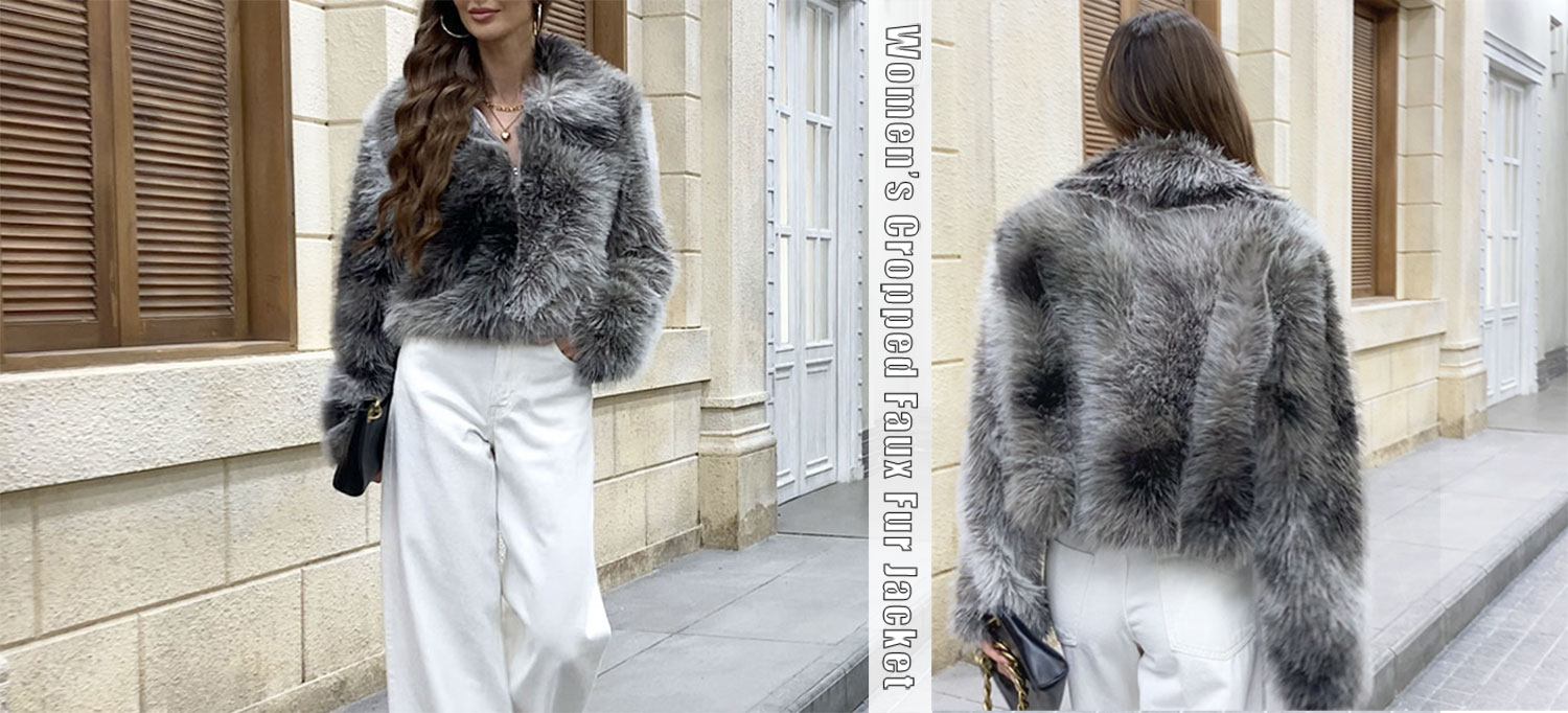 Amazhiyu Womens Faux Fur Zip-Up Cropped Jacket Long Sleeve Warm