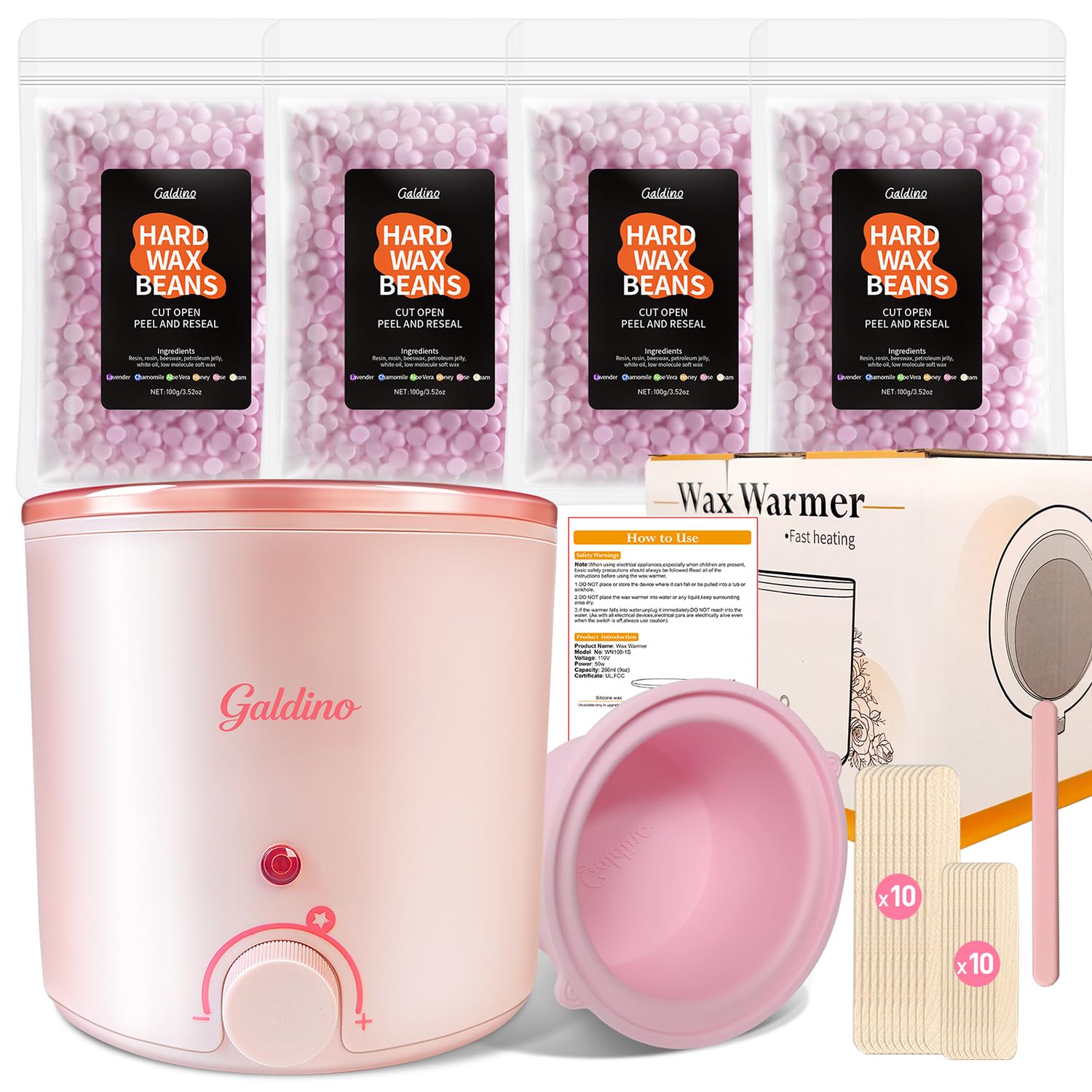 Galdino Kit per ceretta da donna, kit di cera per depilazione, kit di ceretta per il corpo a casa con 4 sacchetti di fagioli, per sopracciglia, labbra, viso, braccia, gambe, ascelle, bikini, schiena