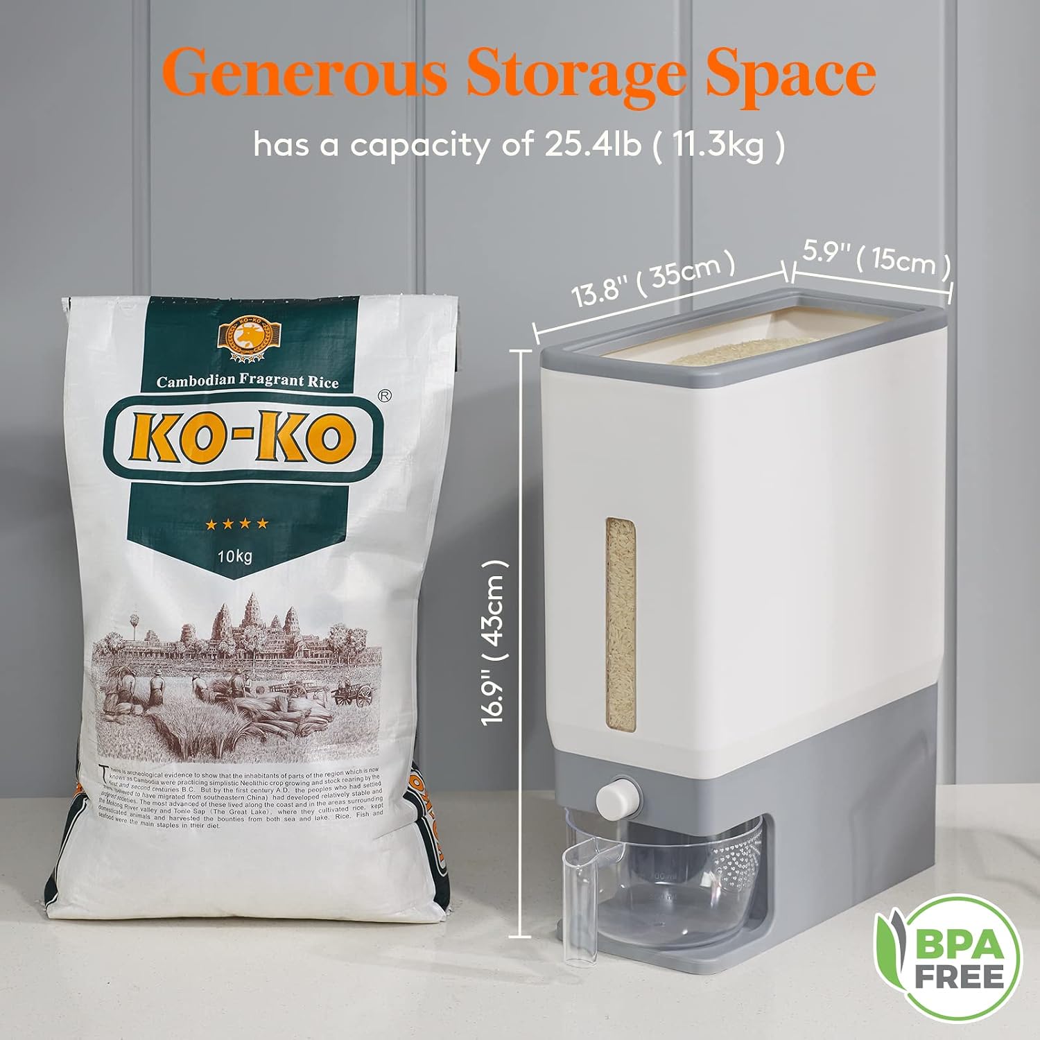 Lifewit Rice Container 25.4 Lb(11.3kg), Rice Dispenser with Measuring Cup, Rice Storage Container, Airtight Moisture Proof Rice Bucket, Grain Soybean for Kitchen Pantry Countertop Organization