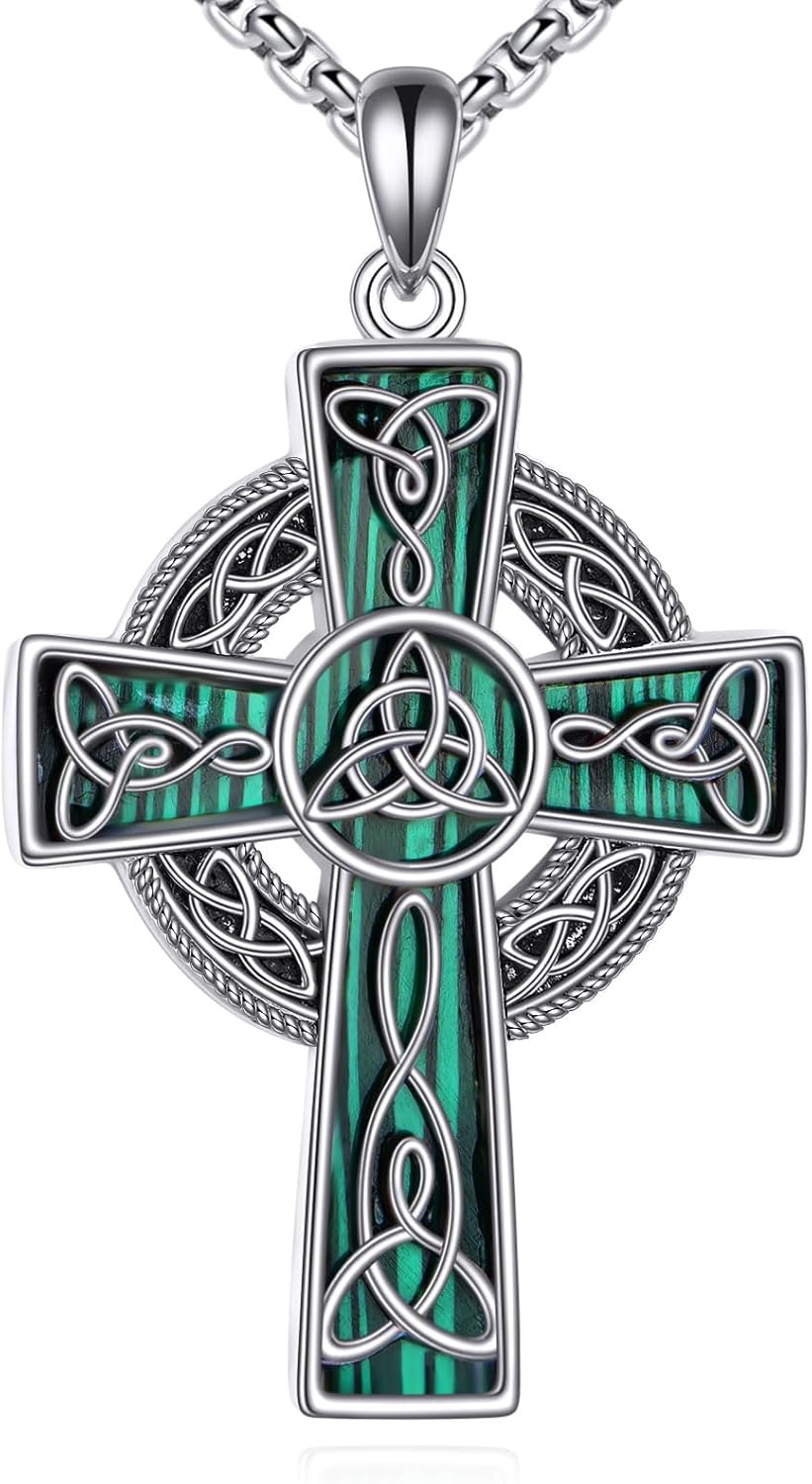 Celtic Cross Necklace 18K White Gold Plated Malachite Cross Pendant Necklace Celtic Viking Irish Jewelry Religious Protective Gift for Men Women