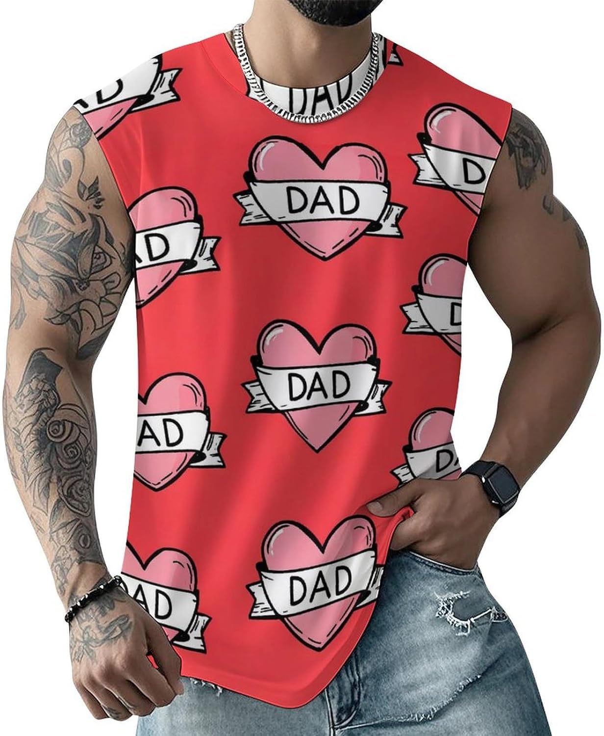 Fathers Day DAD Heart Men Summer Sleeveless Crew Neck Top 5XL