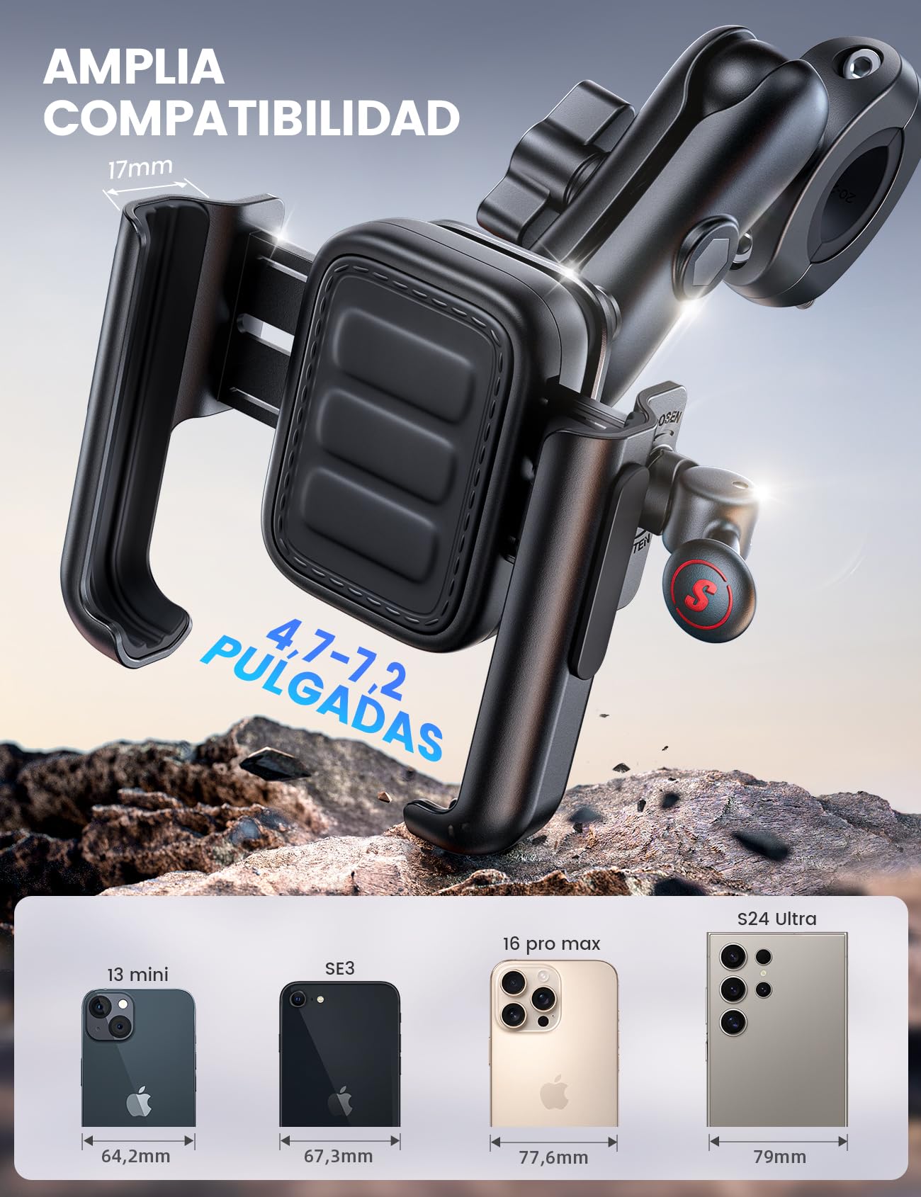 Lamicall Soporte Móvil Moto - [Metal Completo] [Brazo Extensible] [Antivibración] Antirrobo, Soporte Móvil Bicicleta de Manillar, 2 x 360° Rotación, para iPhone 17 16 y Otro Smartphone de 4,7-7,2"