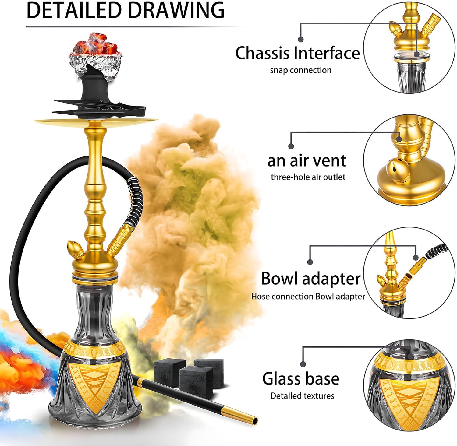 22'' Hookah Set Modern Aluminum Hookah Set With Everything - Black Glass Vase,Hookah Charcoal Holder,Hookah Tips（Gold-1hose）