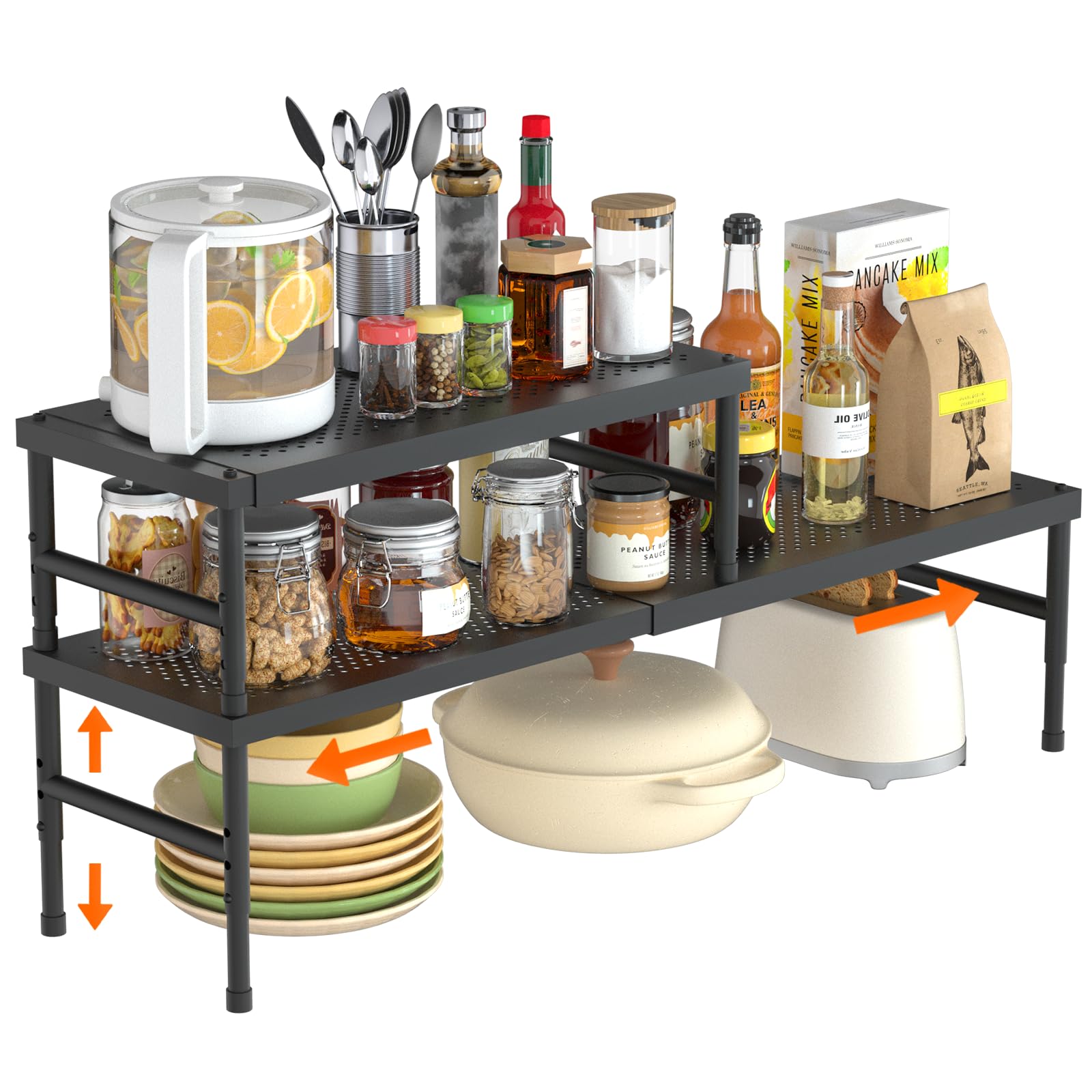 SKYSER 2 Pack Spice Rack kitchen Cupboard Shelf Organiser, Expandable Kitchen Shelf Organiser, Adjustable height, suitable for kitchen, cabinet, study, bathroom (Black)