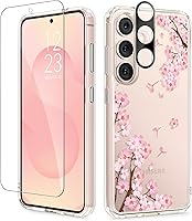 Vista 60 de GVIEWIN Funda protectora para Samsung Galaxy S25, transparente floral, delgada, a prueba de golpes, para mujer, no se pone amarilla, con protector