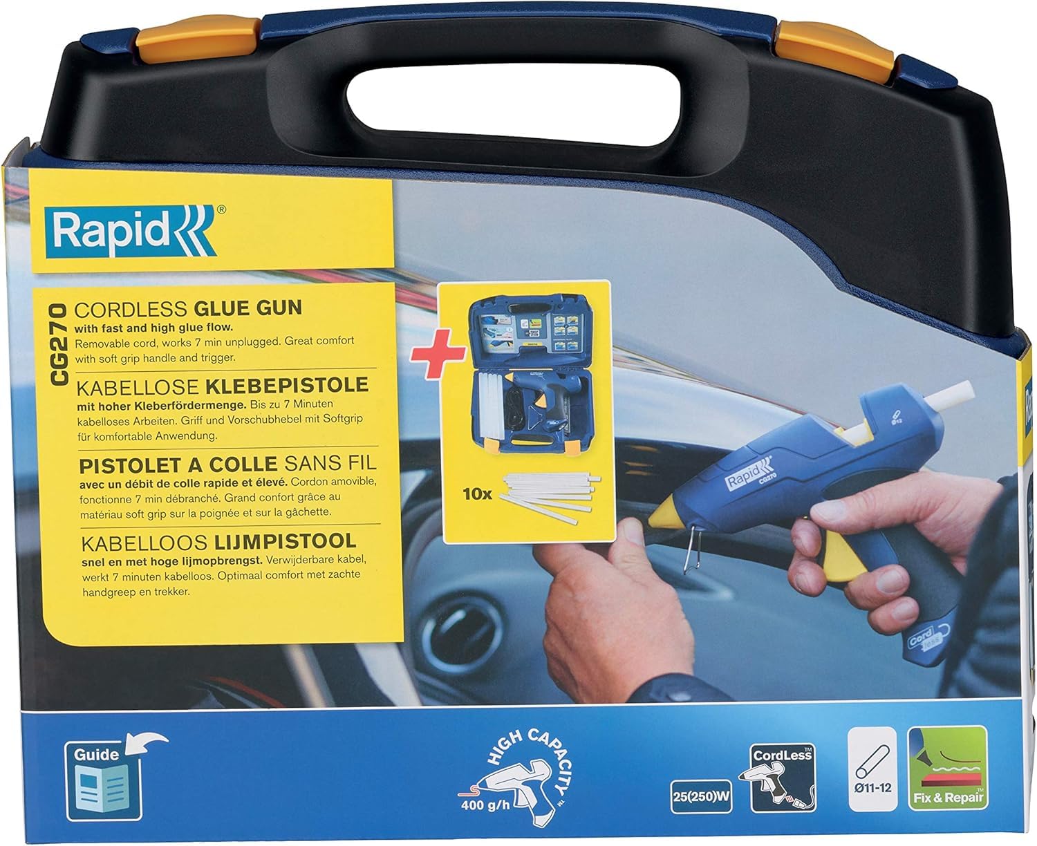 Rapid Pistolet à colle à chaud CG270 en coffret avec 10 bâtons de colle pour fixation et réparation avec câble amovible - Malette de rangement - Débit 350g/heure - 5001445