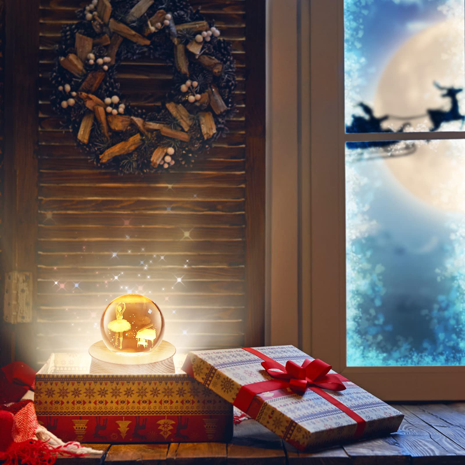 Wholede Carillon in Legno con Sfera di Cristallo Rotante a 360°, Funzione di Proiezione di Luce Calda, Musica Rilassante, Lampada a LED, Idea Regalo da Donna, per Il Compleanno e la Festa della Mamma