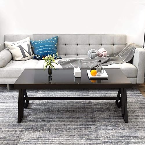 Miniatura 2 de Mesa de centro para sala de estar de 46 pulgadas, mesa de té de vidrio templado, mesa de cóctel, mesa de centro de patas triangulares de metal, mesa