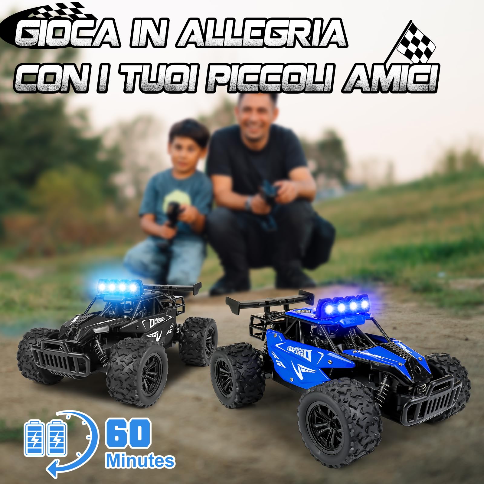 Joellfuner Macchina Telecomandata per Bambini, 2.4Ghz 1:16 Macchina Radiocomandata con Luce LED Quattro Colori, 20KM/H Monster Truck Telecomandato con marce alte e basse per bambini 3+ anni (Blu)