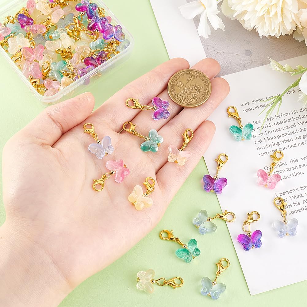 PH PandaHall 60pcs Glass Butterfly Dangle Charm Set, 6 Colors Clip-on Stitch Markers, Transparent Butterfly Pendants with Lobster Clasps for Knitting DIY Earrings & Necklace Jewelry - Image 3