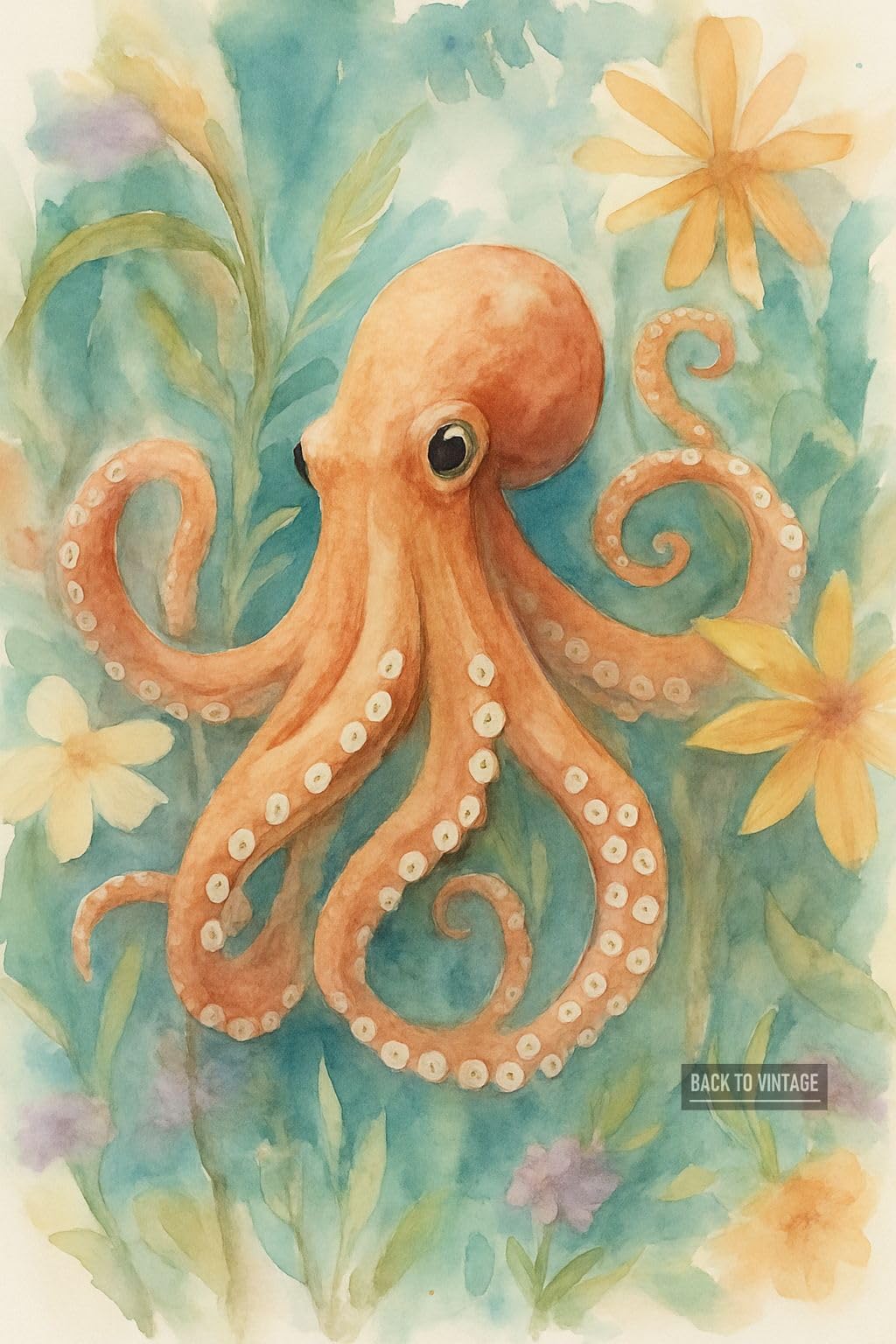 BACK TO VINTAGE Vibrant Orange-Red Octopus Amidst Serene Underwater Flora - A4 Poster Wildlife Art Print Wall Art Featuring Animals in Nature Perfect for Home Decor Living Room Office