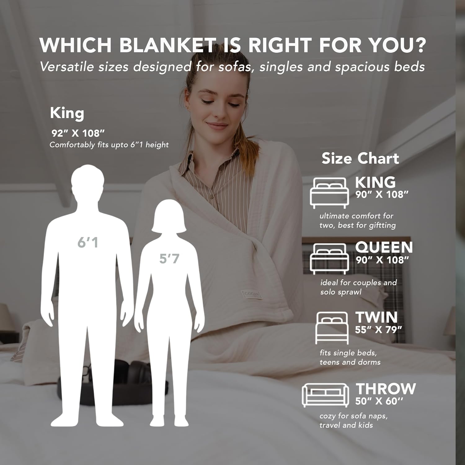 Goqan Muslin Blanket Queen 79x90 – 100% Turkish Cotton 4 Layer Boho Muslin Blanket for Adults, Four Season, Lightweight and Thin, Soft, Breathable for Bed, Couch - Beige