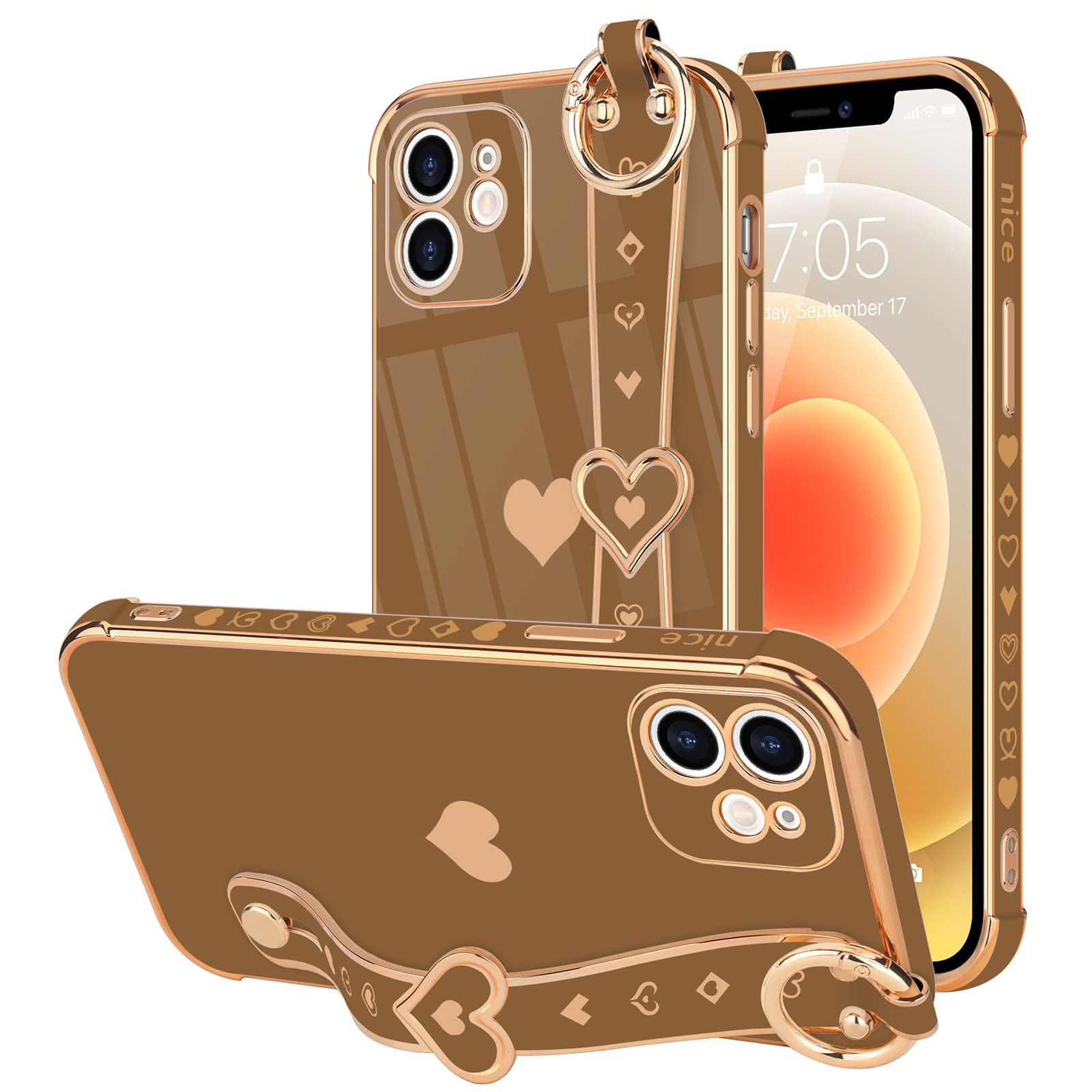 LLZ.COQUE for iPhone 12 Case Cute Love-Heart Plating Wristband Phone Cover for Women Girls Bling Soft Silicone Camera Lens Protection Bumper Shockproof Wrist Phone Case for iPhone 12 (6.1'') - Brown