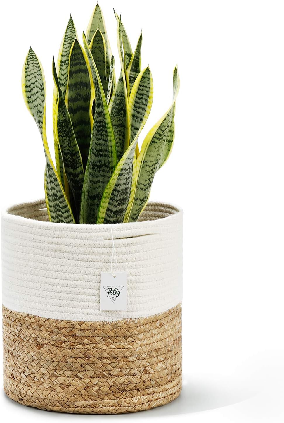POTEY 700101 Cotton Rope Woven Plant Basket with Water Hyacinth - Modern Indoor Planter Basket for Plants Up to 10 Inch Pot Woven Storage Organizer with Handles Home Decor, 11" x 11"