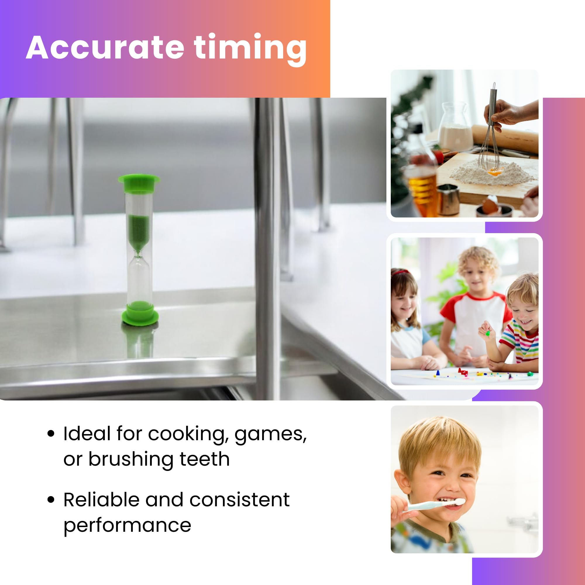 Gadgetime USA Hourglass Sand Timer - Set of 5-2 Minute Sand Timers in Orange, Pink, Purple, Blue, Green - Premium Sturdy Material, Beautiful Design & Novelty Gift - Image 5