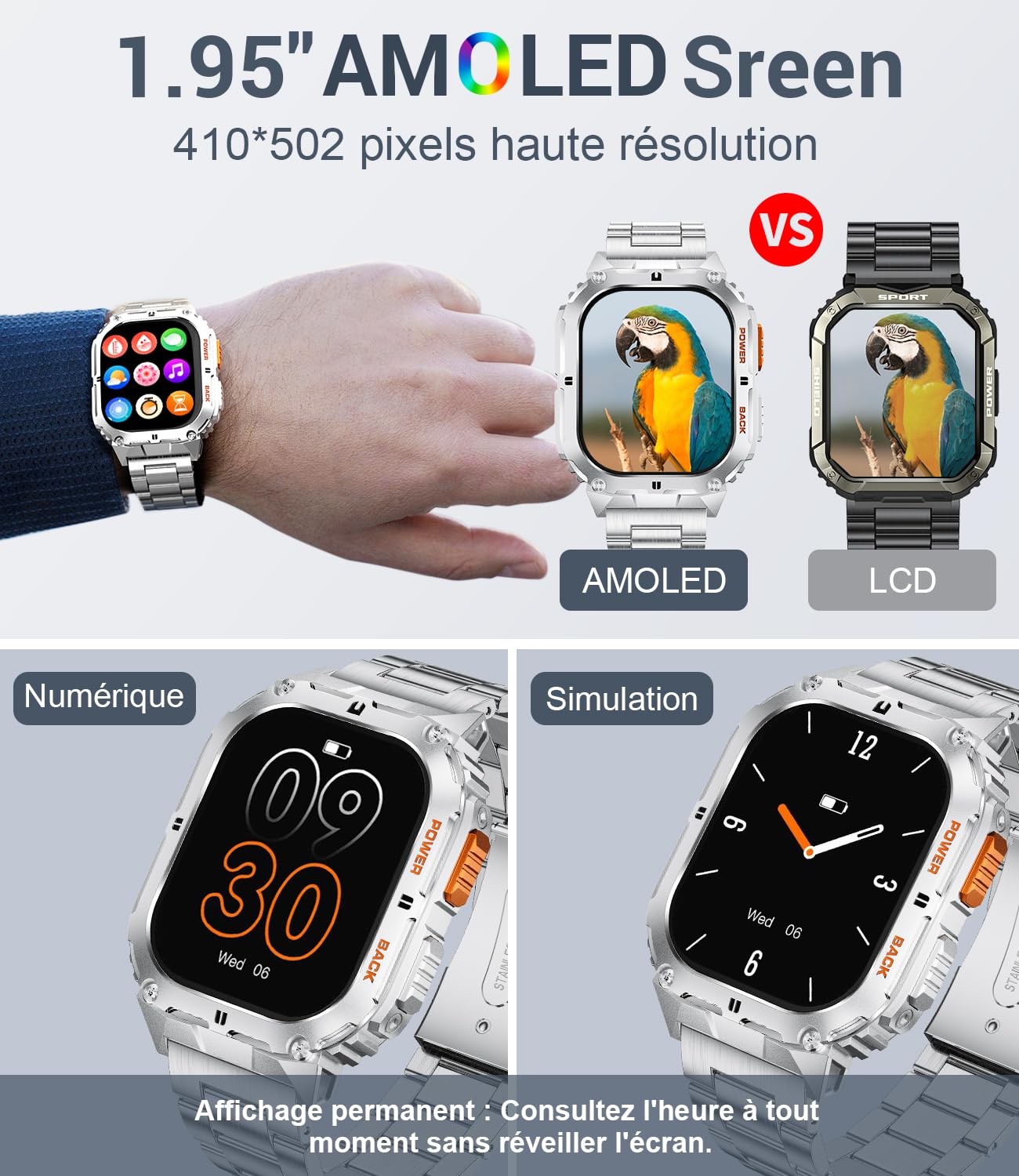 LIGE Montre Connectée Homme avec Appel Bluetooth Assistant Vocal, 1.95'' AMOLED Montre Connectée Sport 100+ Sportifs avec 24/7 Moniteur de Fréquence Cardiaque Sommeil SpO2 pour Android iOS