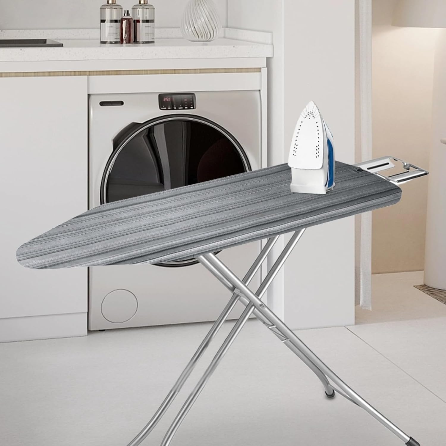 Ironing Board Cover 14x48 Gray Stripes Iron Board Cover with Padding Heat Reflective,Scorch Resistant Thick Padding,Snug Fit Non-Slip Nose Pocket Fastener Straps Elastic Edges