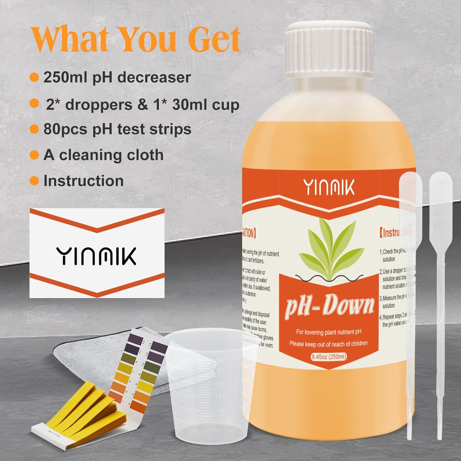 YINMIK General Hydroponics pH Down Liquid, pH Control Liquid Decreases pH Levels, 250ml Premium Buffering for pH Stability,Suitable for All Hydroponics Feeding Systems, Both for Soil and Water