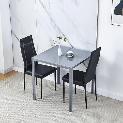 Miniatura 8 de Juego de 4 mesas de comedor y sillas de comedor de cristal negro de 5 piezas, moderna mesa cuadrada de cocina pequeña y 4 sillas de comedor que