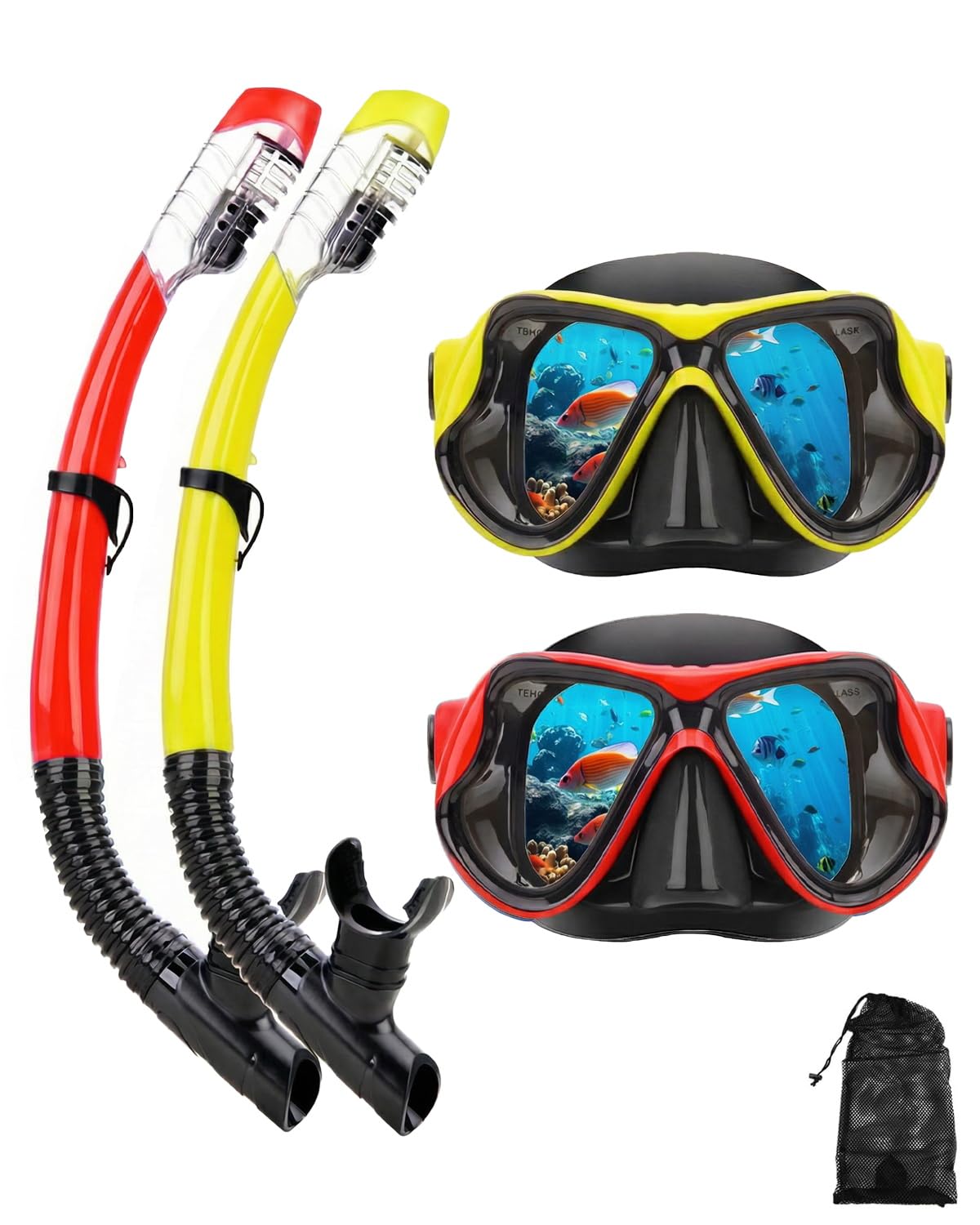 DIPUKI Adult Snorkel Gear Snorkel Mask Set Diving Mask Dry Snorkeling Swimming Goggles Swimming Diving Mask Nose Cover Youth Diving (Red+Yellow(2 Pack))