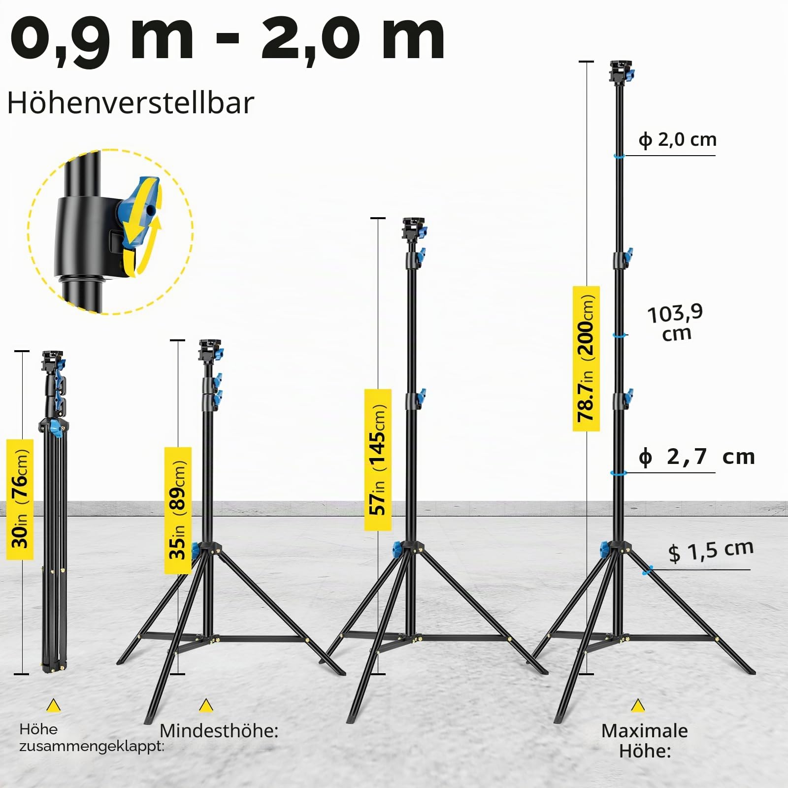 EMART Lichtstativ 200cm, Leichte Stativständer mit 1/4 Schwenkkopf, 180 Grad Schwenkbares Lampenstativ für Ringlichter, Kameras und Anderes Equipment(Schwarz, 2 Stück)