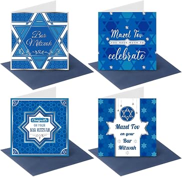 Sinload 12 Pack Blue Bar Mitzvah Cards Bat and Bar Mitzvah Boxed Paper Star of Design Congratulations Jewish Greeting Cards with Envelopes