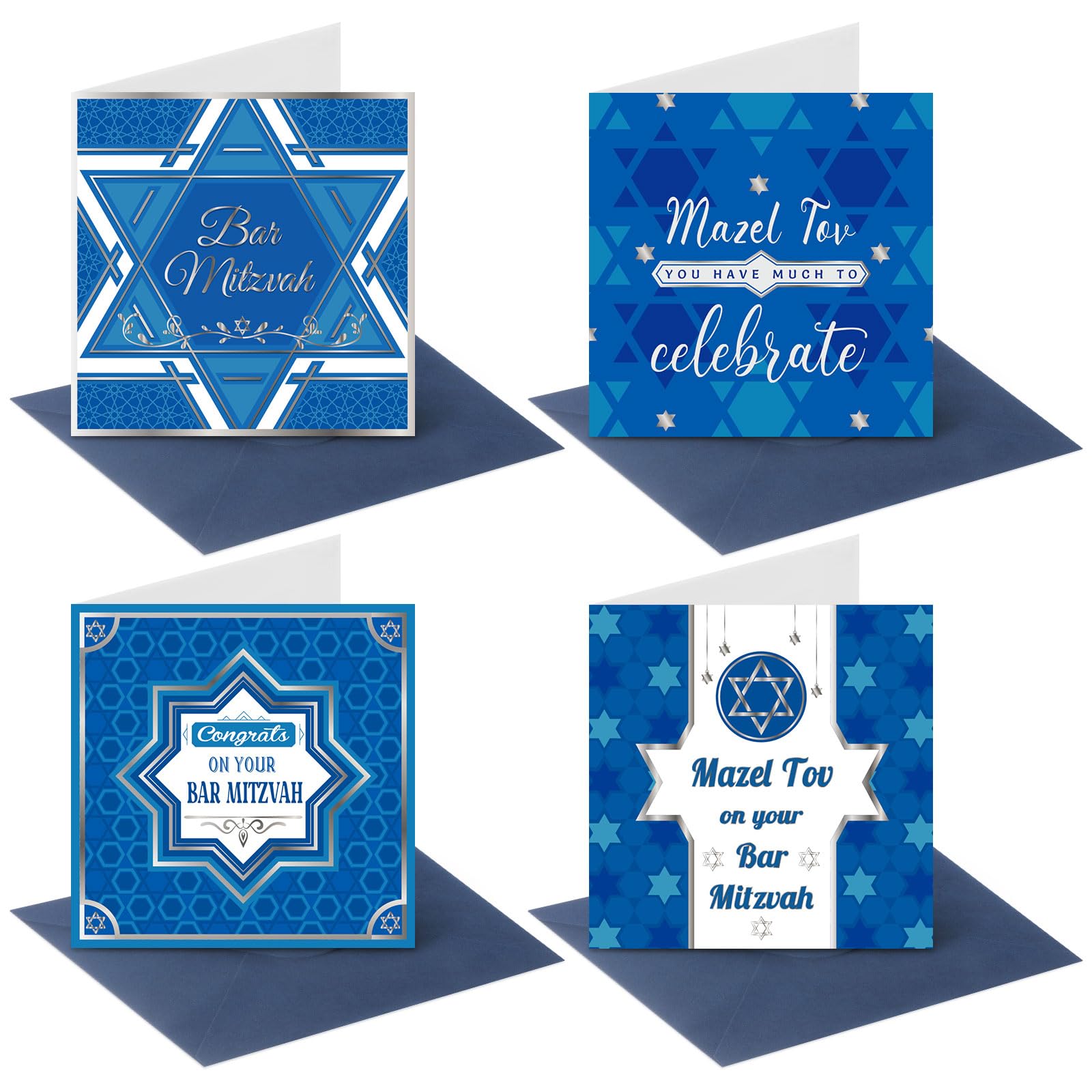 Sinload 12 Pack Blue Bar Mitzvah Cards Bat and Bar Mitzvah Boxed Paper Star of Design Congratulations Jewish Greeting Cards with Envelopes