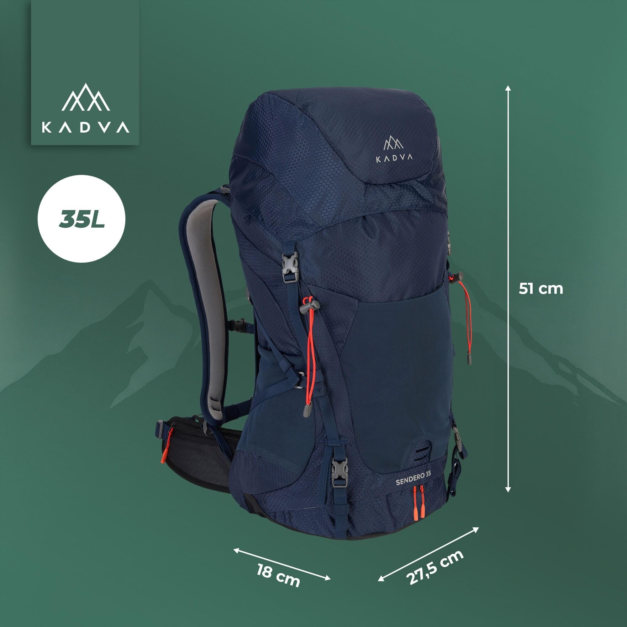 KADVA Plecak trekkingowy Sendero 35 l, system nośny WindspIRE, wentylacja i niewielka waga, hydrofobowy, regulowane pasy biodrowe i piersiowe, odblaskowe detale, dolne paski