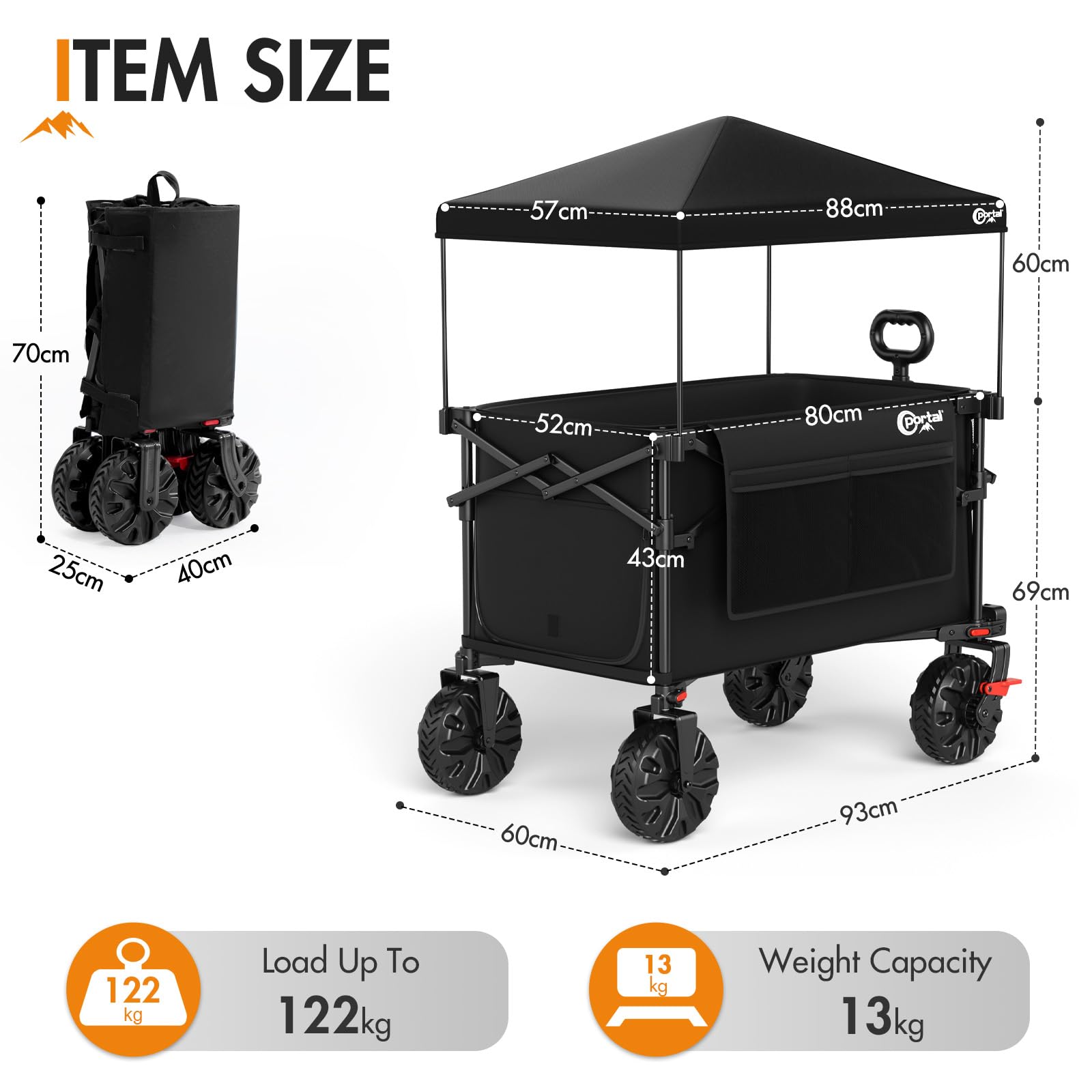 PORTAL Carro plegable con techo 350L 122KG con ruedas extra anchas, plegable rápido, con asa, con portavasos, protección solar para excursiones, playa, camping, compras