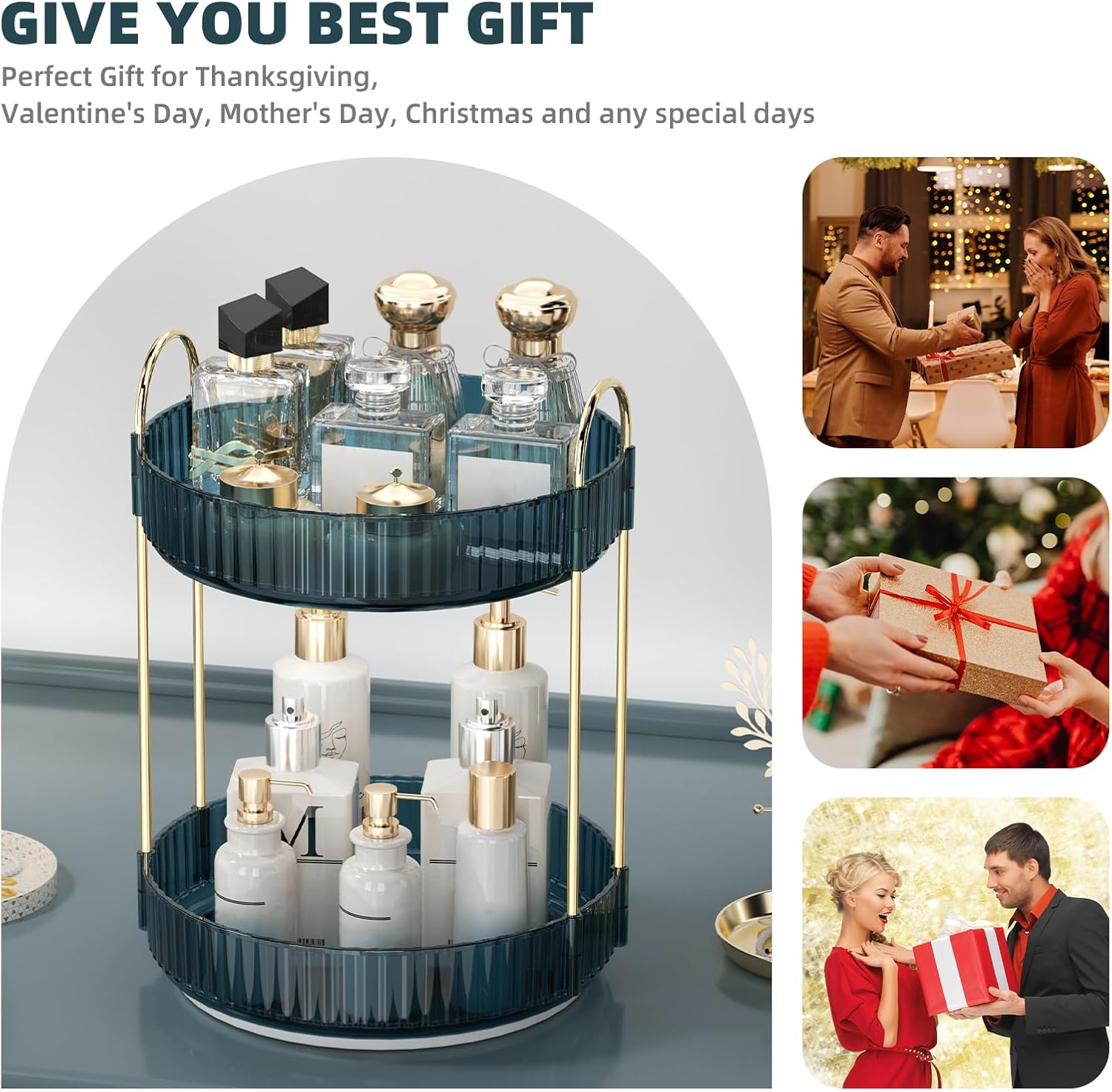 360 Rotating Makeup Organizer for Vanity, Bathroom Countertop Organizer Spinning Perfume Organizer, High-Capacity Cosmetic and Skincare Dresser Make Up Holder Rack (2 Tiers, Blue) - Image 5