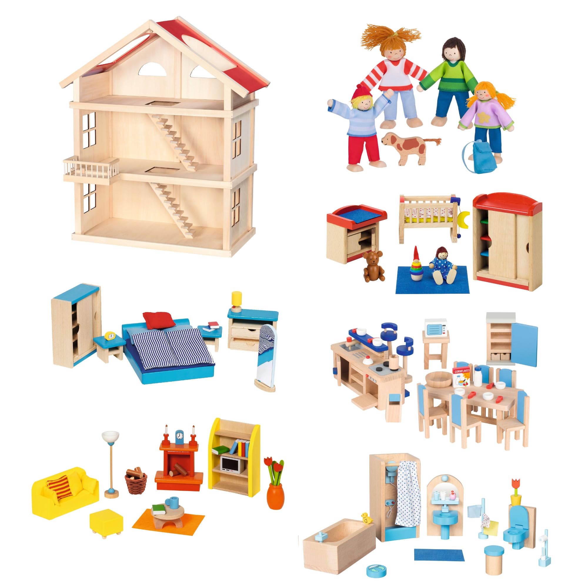 goki 6633 - Puppenhaus Set XXL, 115 Teile aus Holz & Textil, Komplettes Möbelset & Zubehör, Biegepuppenfamilie, Küche, Badezimmer, Schlafzimmer, Wohnzimmer, Haus mit Etagen 65 x 35 x 88cm, ab 3 Jahre