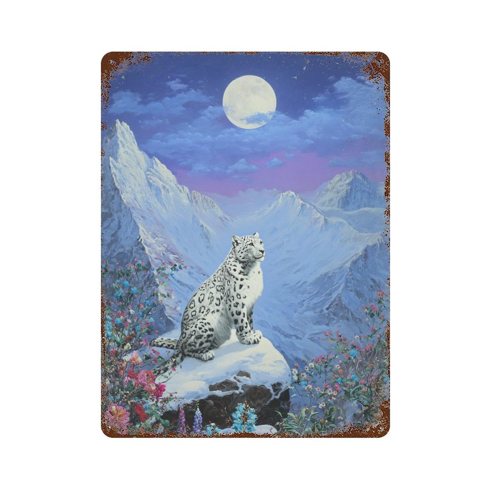 Snow Leopard Moonlit Mountain Scene-1 15.7"x11.8" Distressed Metal Wall Sign, Shabby Chic Decor for Shed, Workshop And Garage Wall Decor