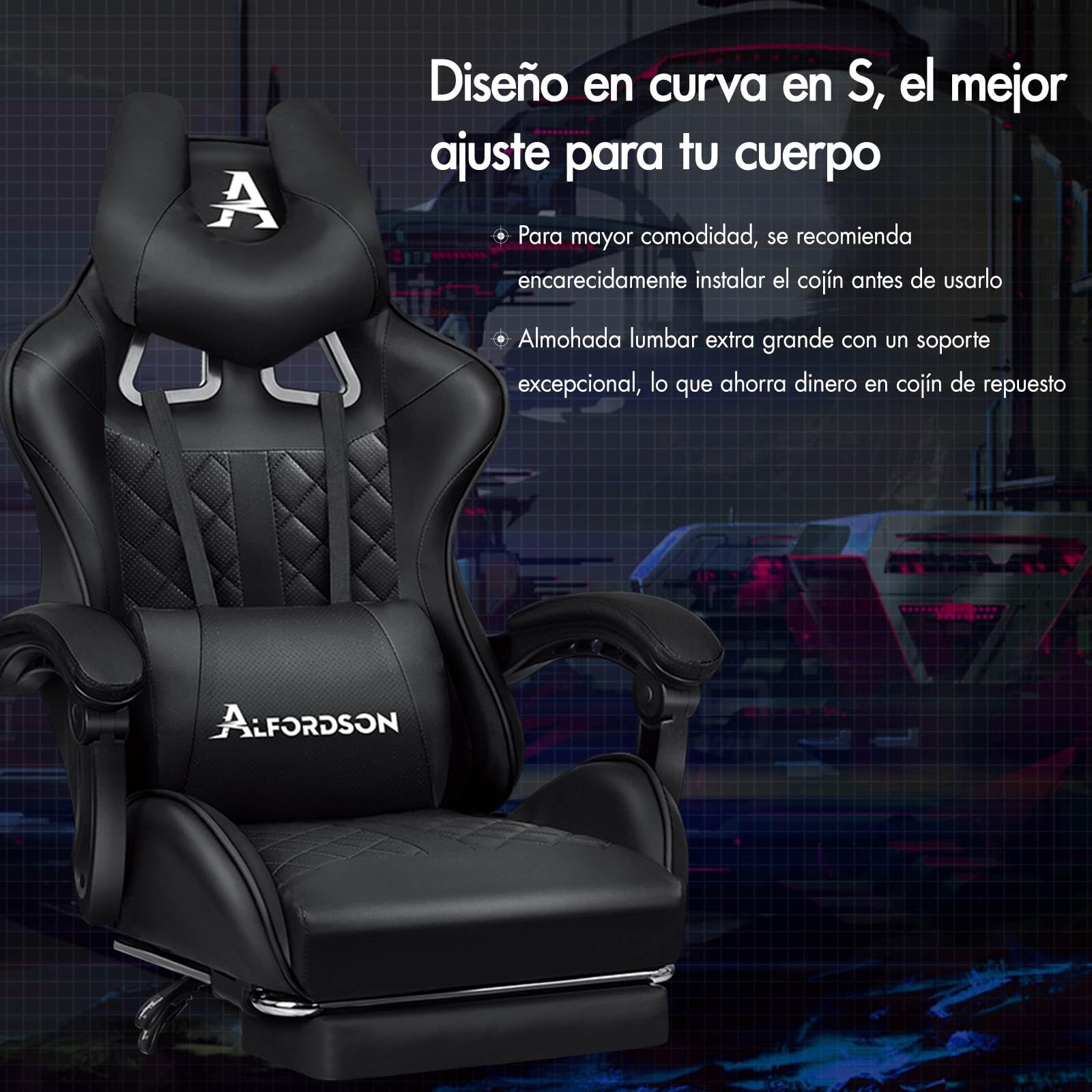 ALFORDSON Silla Gaming Ergonómica Masaje Reclinable con Cojín Lumbar y Cervical,Silla Gamer con y Reposapiés Retráctil,Altura Ajustable, para Ordenador,Videojuego,Escritorio,Oficina, Cuero PU(Negra)