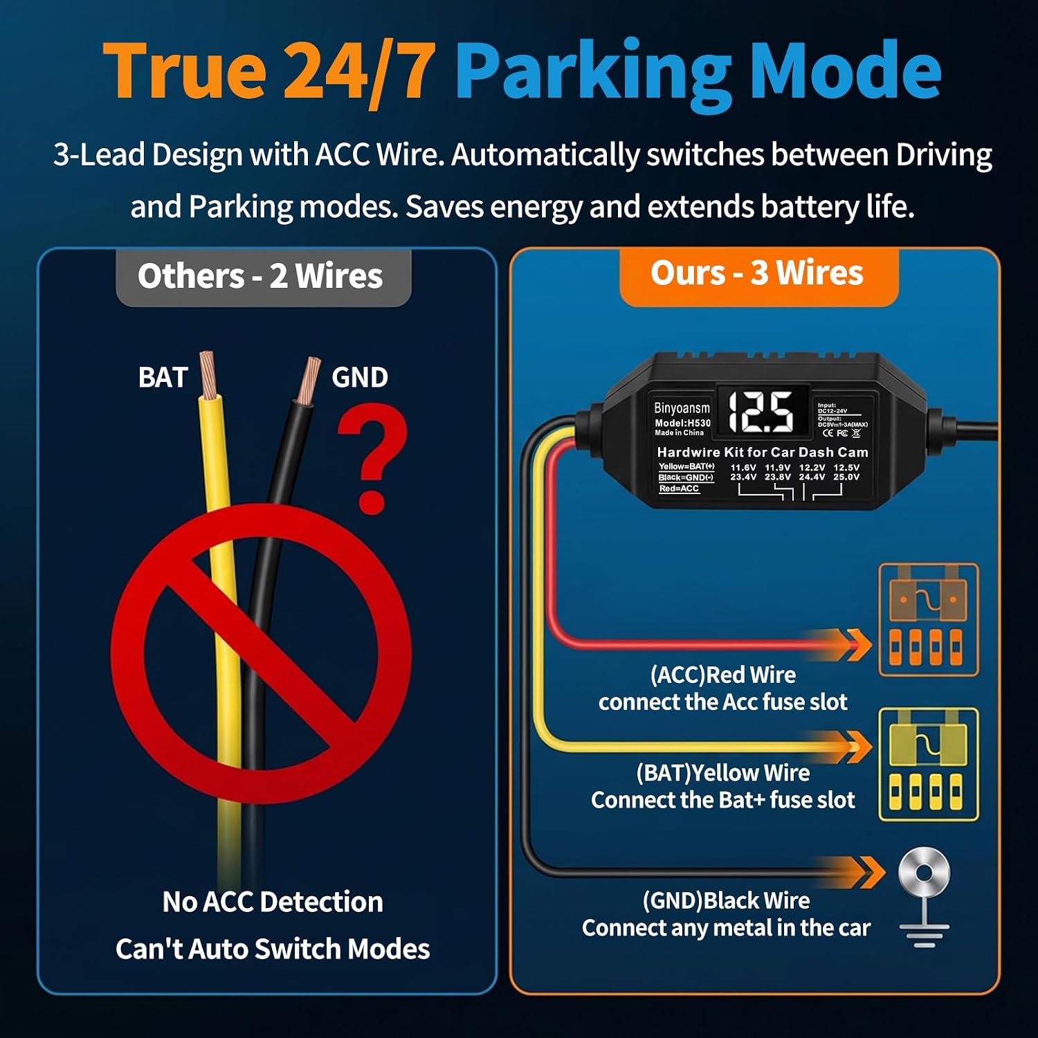Dash Cam Hardwire Kit USB C with LED Voltage Display,4-Level Adjustable Low Voltage Protection (11.6V-12.5V),3-Lead Acc Power Cable for 24/7 Parking Mode,12V-24V to 5V/3A Adapter for Dash Camera,GPS