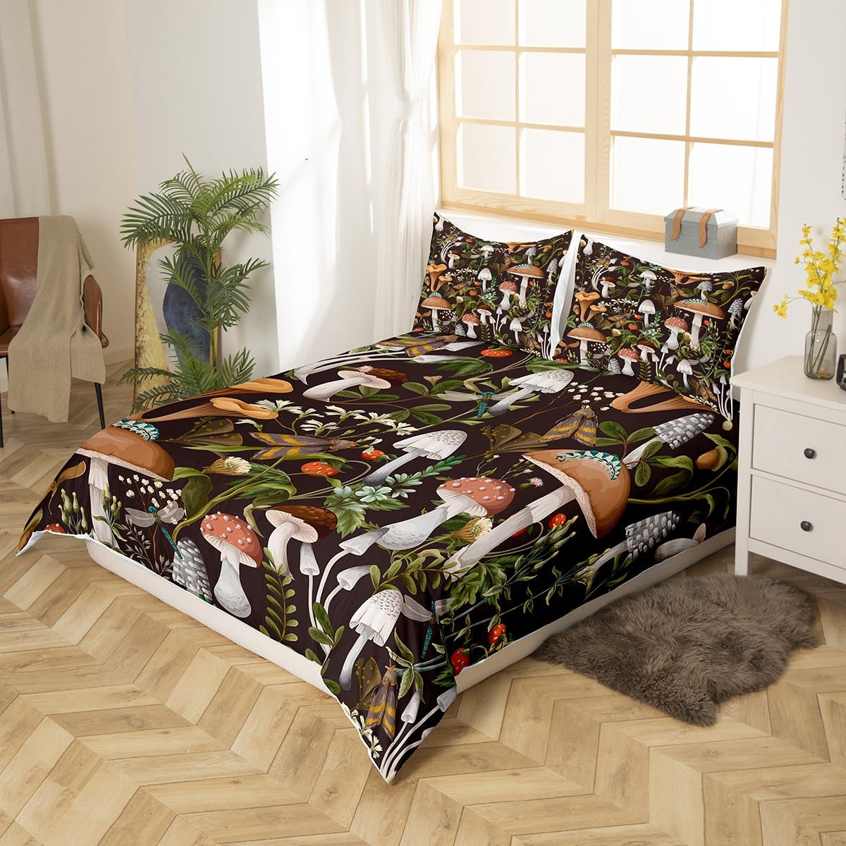 richhome Mushroom Duvet Cover Double Size 3 Pcs Watercolor Botanical Leaves Cute Strawberry Bedding Set for Kids Teens Adults Wild Dragonfly Rustic Jungle Style Comforter Cover with 2 Pillowcases - Image 2