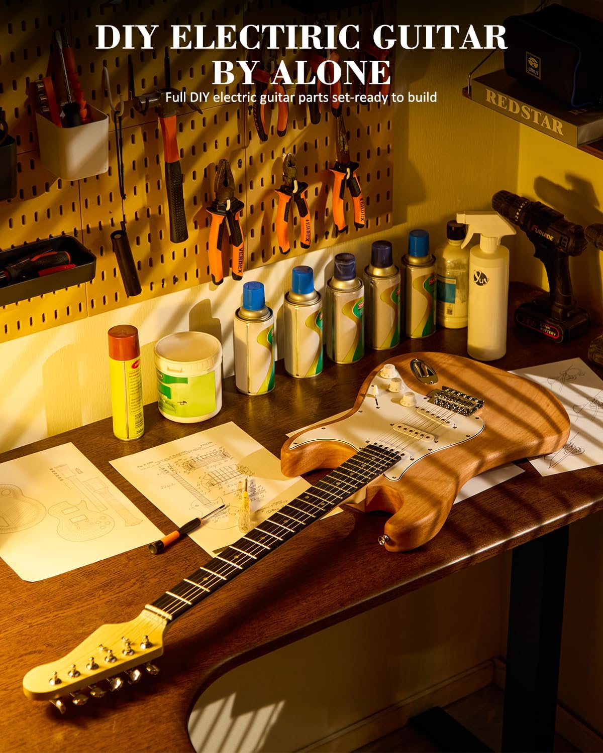 Assembled STRICH DIY Electric Guitar Kit, ST Style, with tools on a workbench